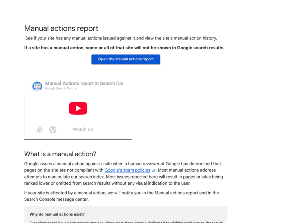 Screenshot of Google Search Console Help's Manual actions report page