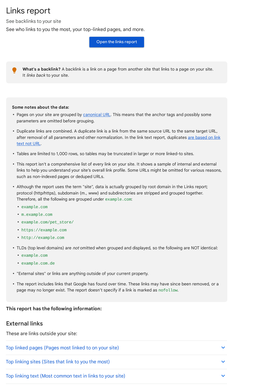 Google Search Console Links report showing top linked pages, top linking sites and top linking text for checking toxic backlinks