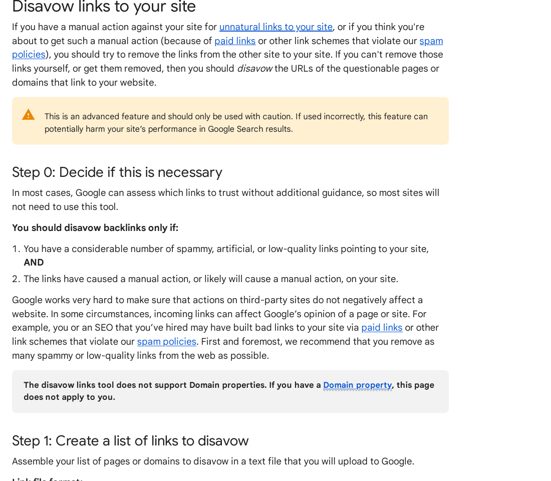 Google disavow links help page explaining when to disavow toxic backlinks in Google Search Console