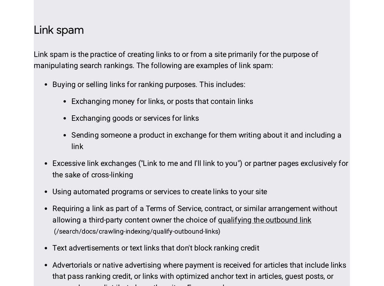 Real screenshot of Google Search Central spam policies on link spam for guest posting