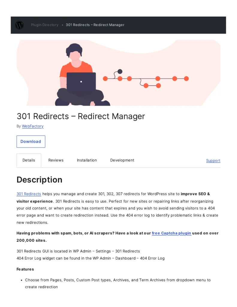 WordPress 301 Redirects plugin page for fixing crawl errors on a small WordPress website